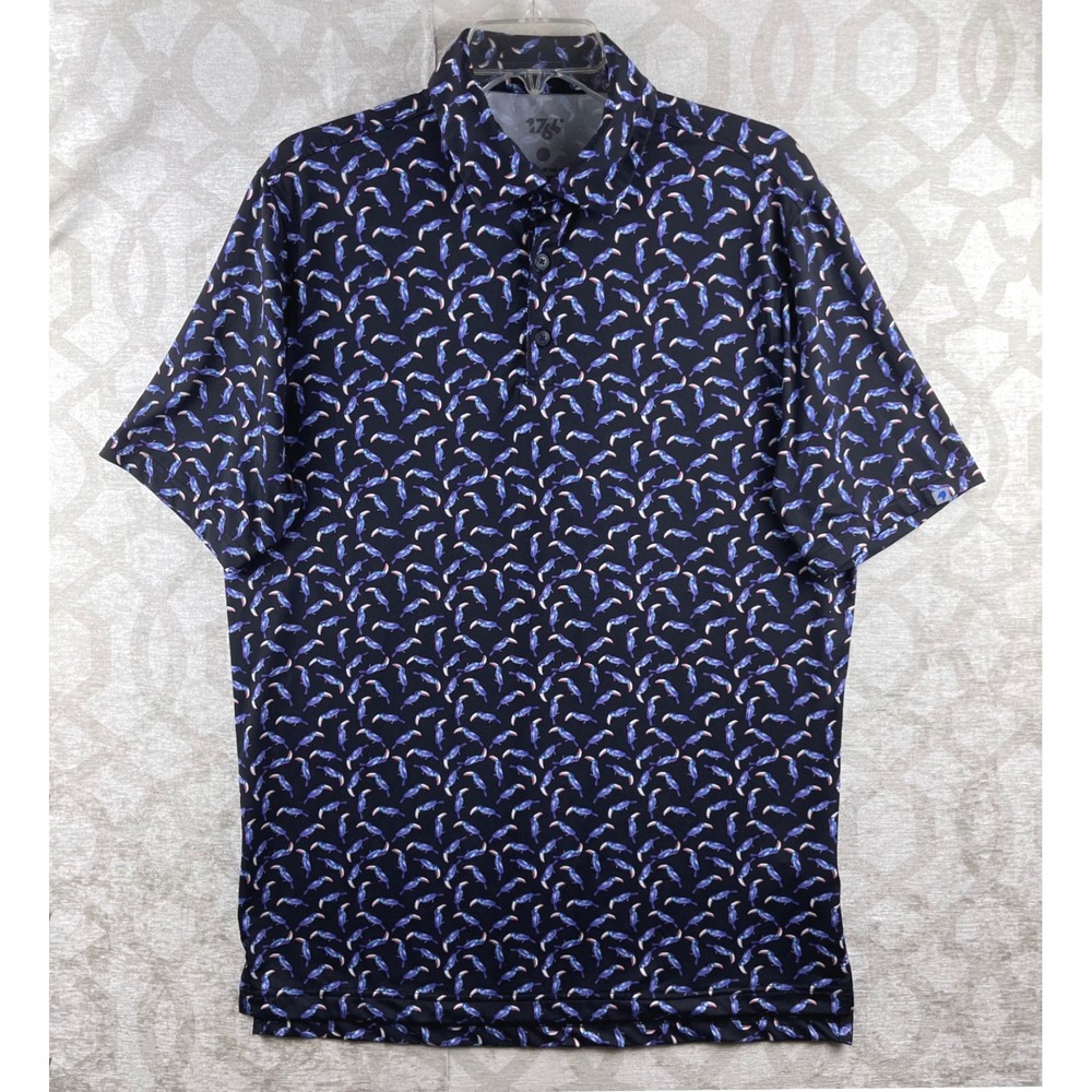 1764 Golf Toucan Print Mens M Black Performance Stretch Short Sleeve Polo Shirt